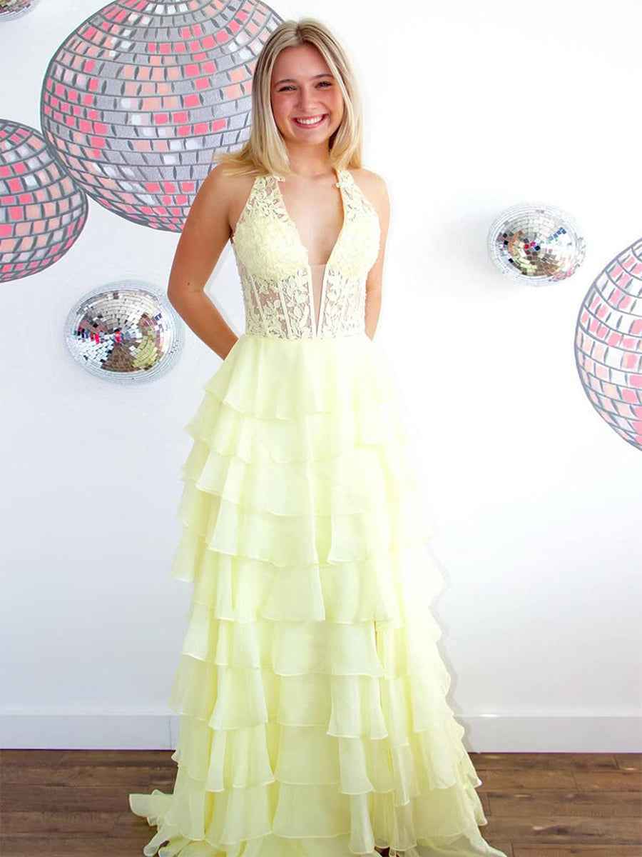 Halter Lace Appliques Chiffon Ruffle Prom Dress with Slit