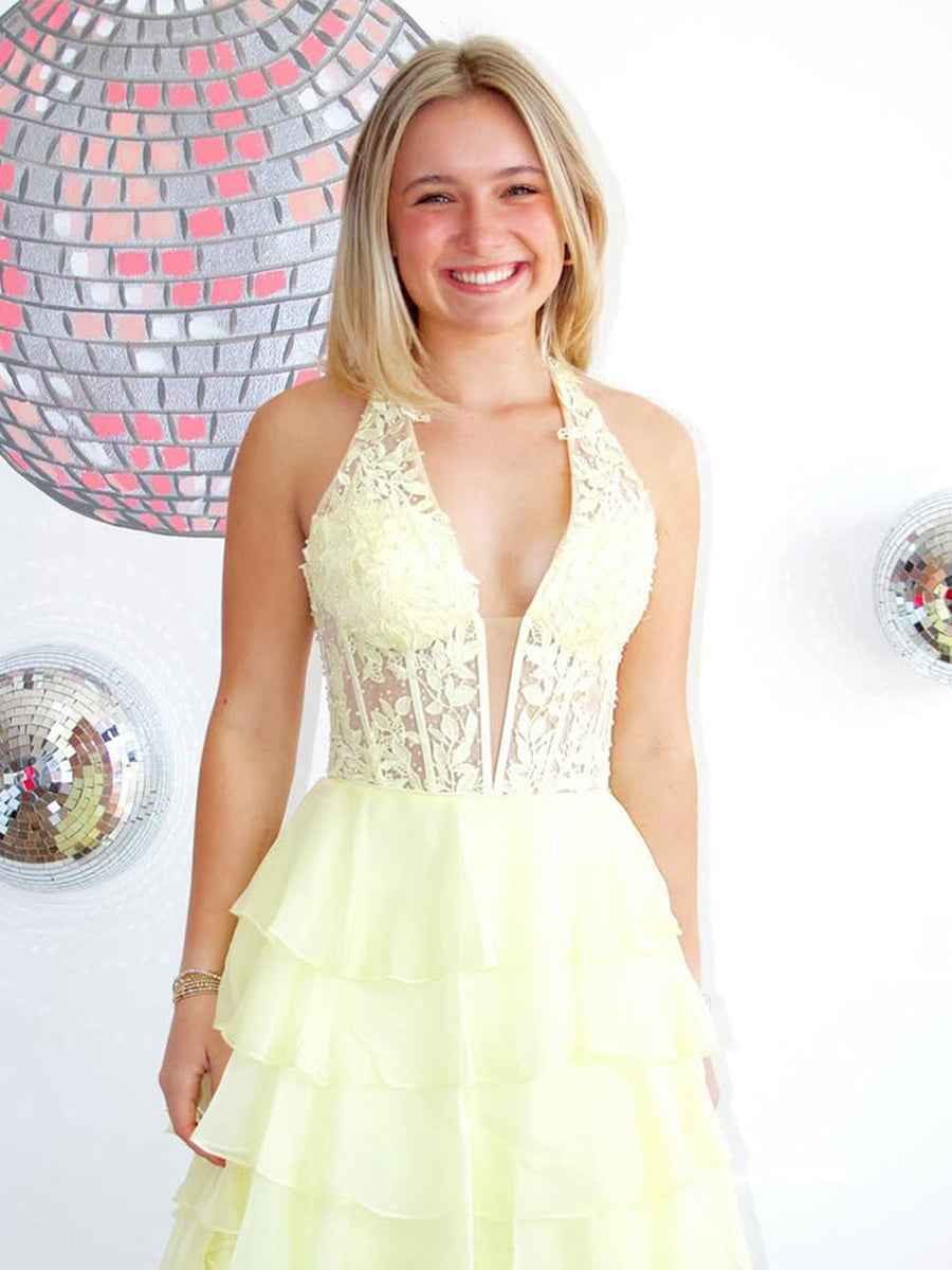 Halter Lace Appliques Chiffon Ruffle Prom Dress with Slit