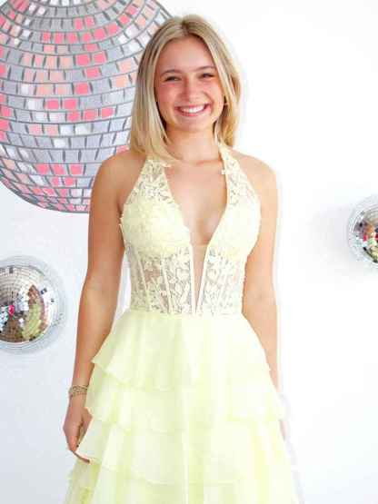 Halter Lace Appliques Chiffon Ruffle Prom Dress with Slit