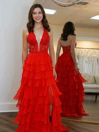 Halter Lace Appliques Chiffon Ruffle Prom Dress with Slit