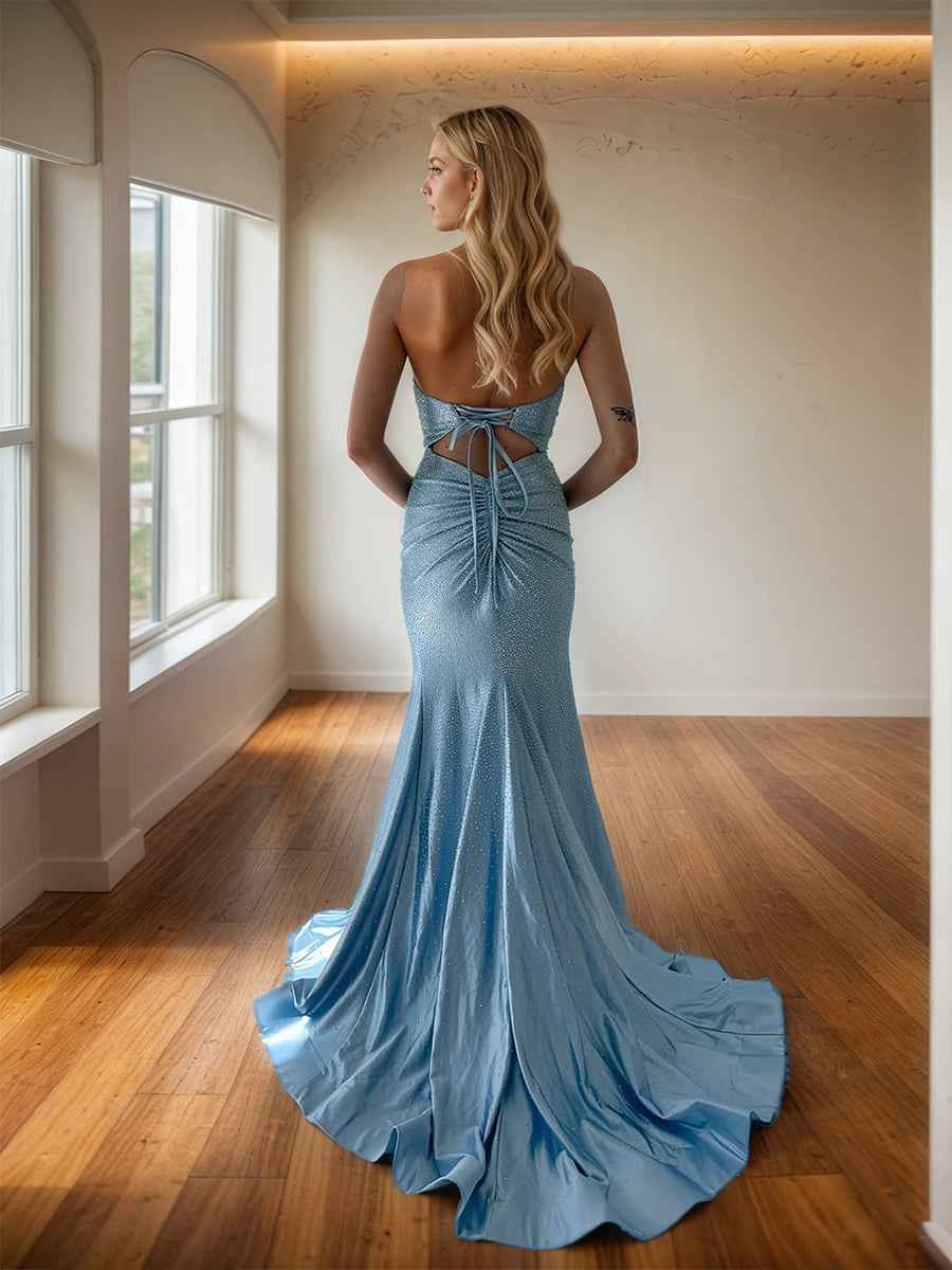 Halter Neck Rhinestone Embellishment Prom Dress with Slit