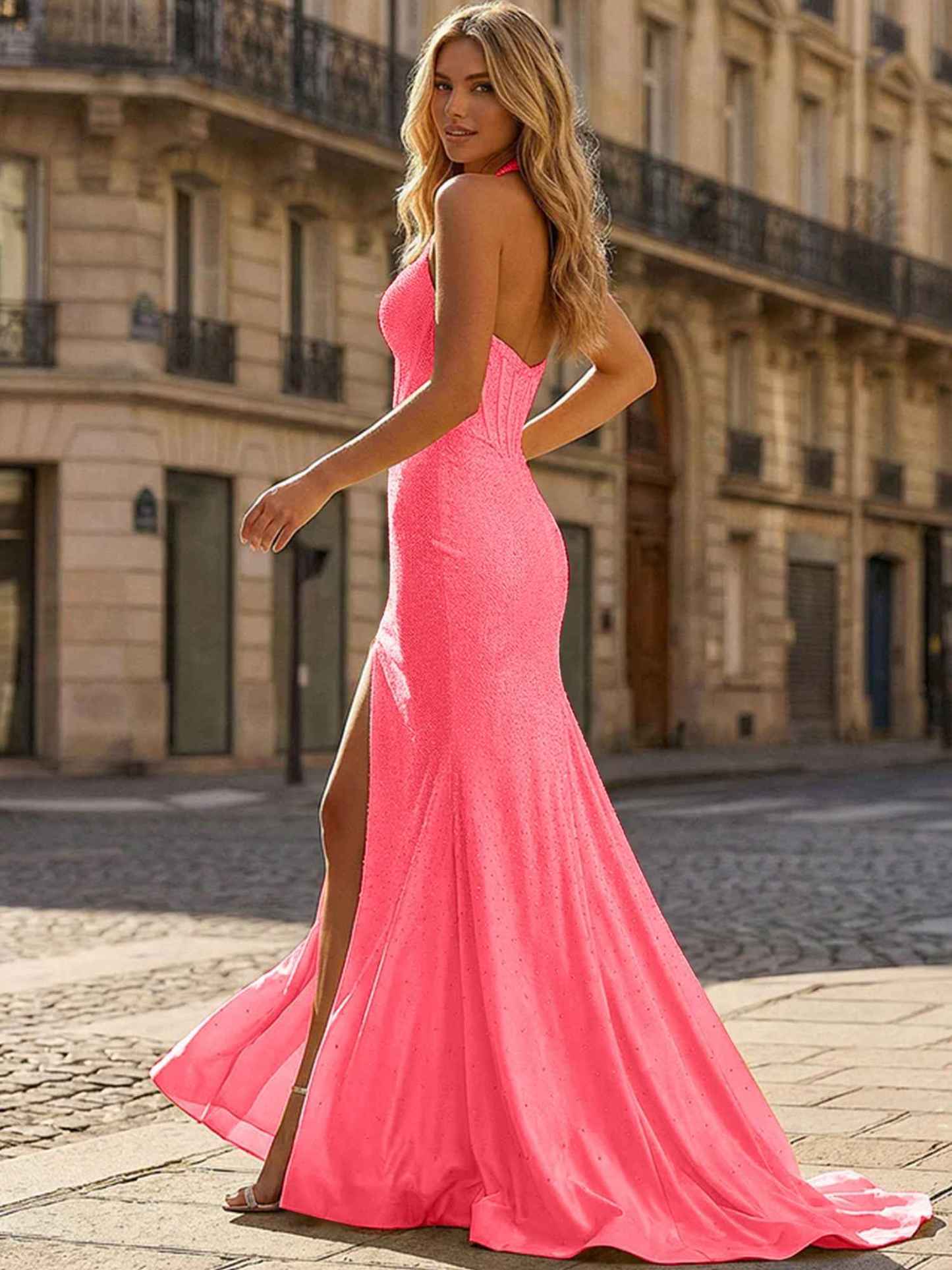 Yellow Beaded Halter Corset Prom Dress with High Slit