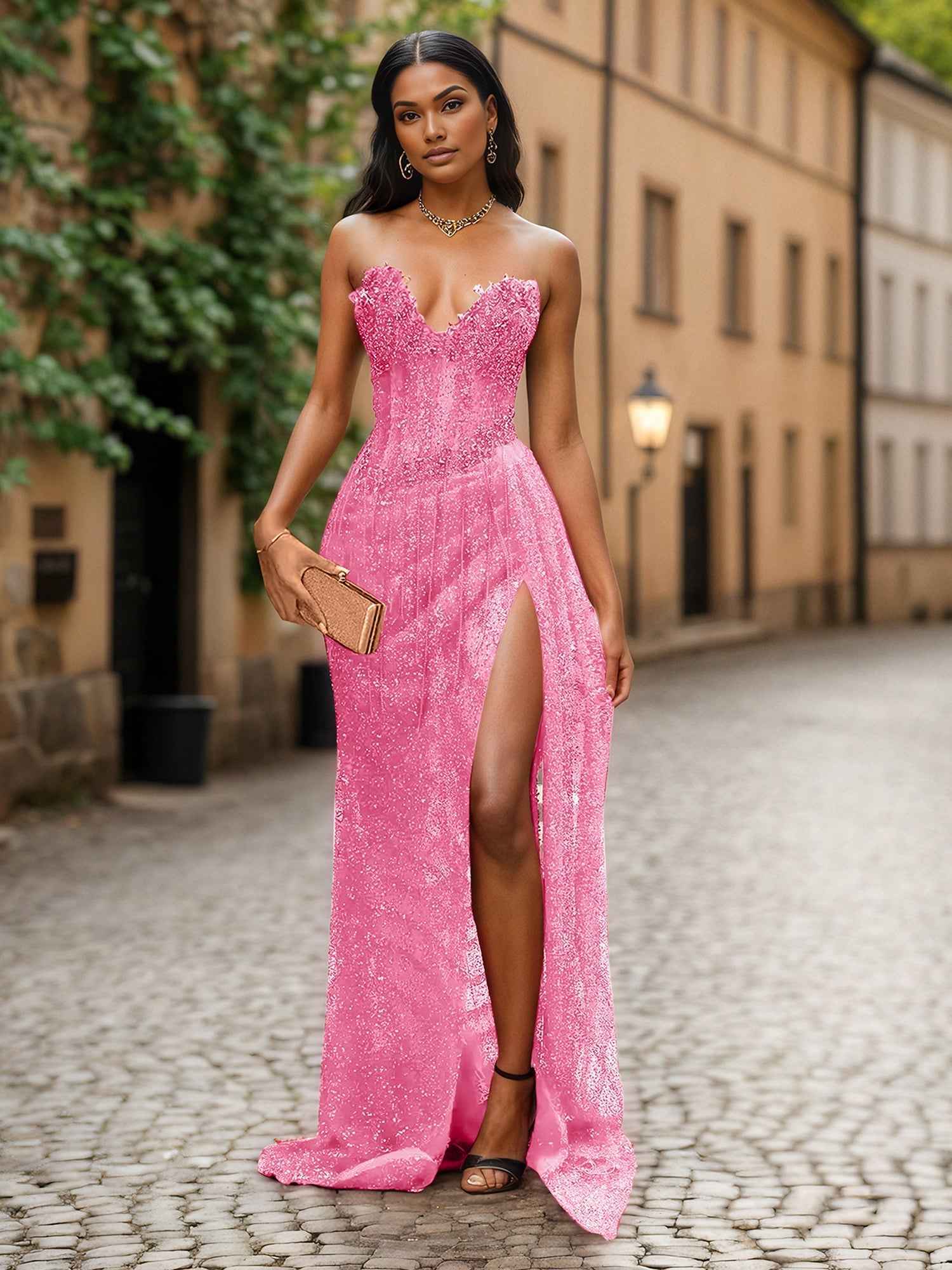 Red Strapless Beaded Fringe Waist Sequin Prom Dress with High Slit