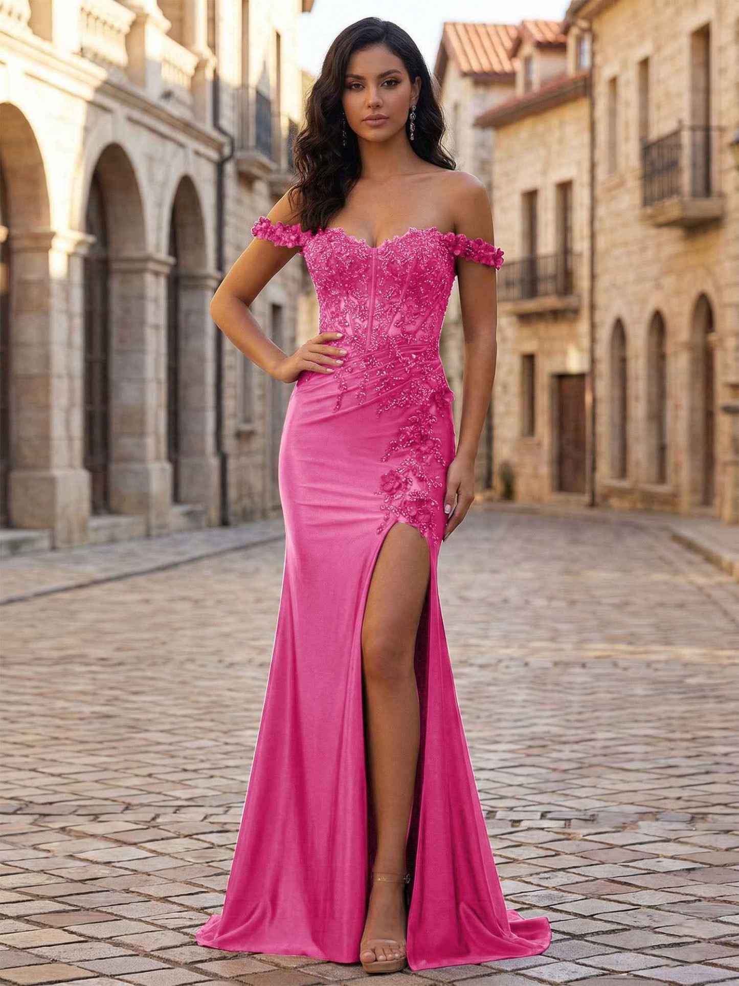 Mermaid Off-The-Shoulder Floral Corset Long Prom Dress with Slit