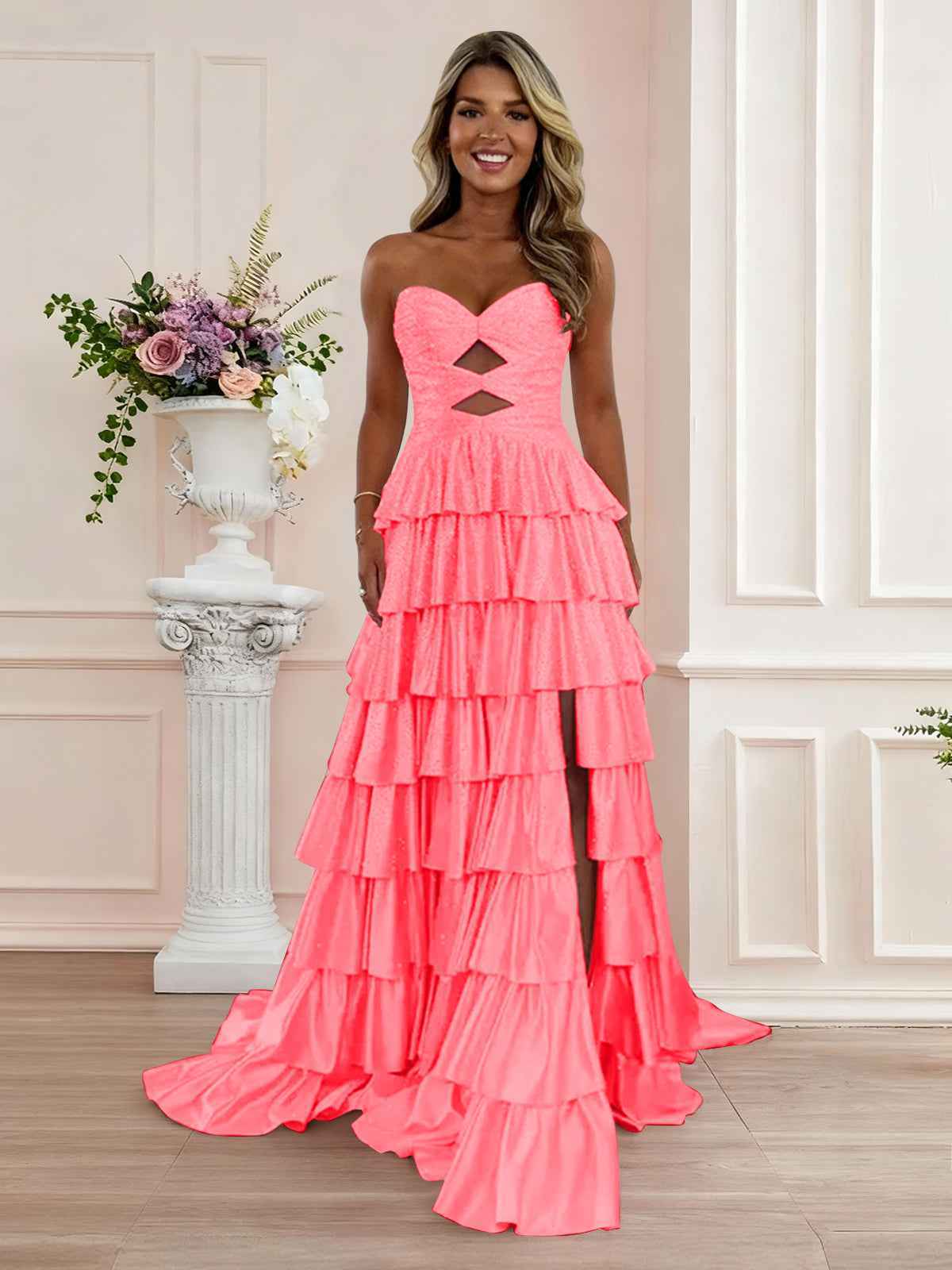A Line Strapless Sweetheart Satin Prom Dress with Keyhole