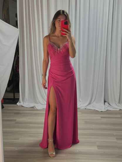 Beaded V Neck Corset Bodice Long Prom Dress with Slit