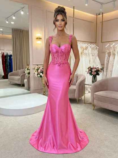 Hot Pink Floral Lace Satin Corset Mermaid Long Prom Dress