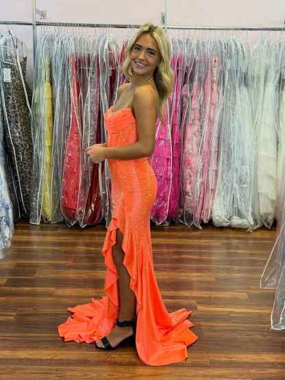 Hot Pink Mermaid Strapless Corset Bodice Long Prom Dress with Ruffle Slit