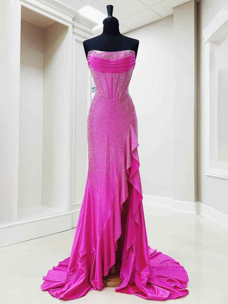 Hot Pink Mermaid Strapless Corset Bodice Long Prom Dress with Ruffle Slit
