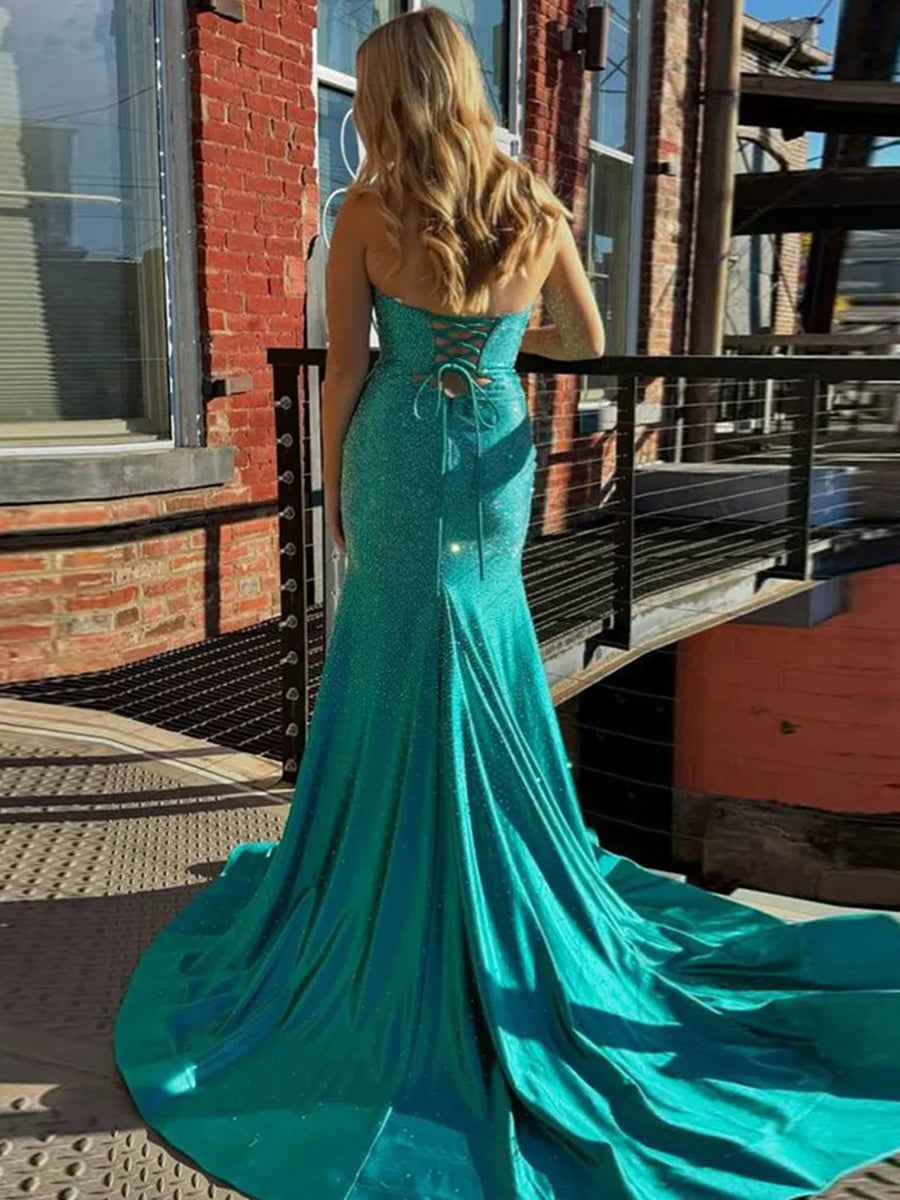 Hot Pink Mermaid Strapless Long Prom Dress with Beads