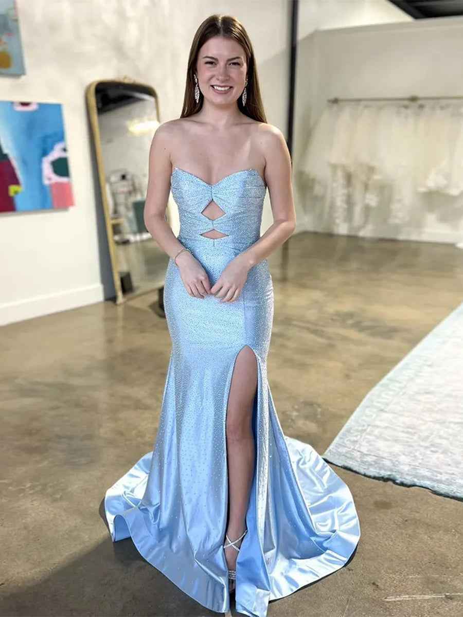 Hot Pink Mermaid Strapless Long Prom Dress with Beads