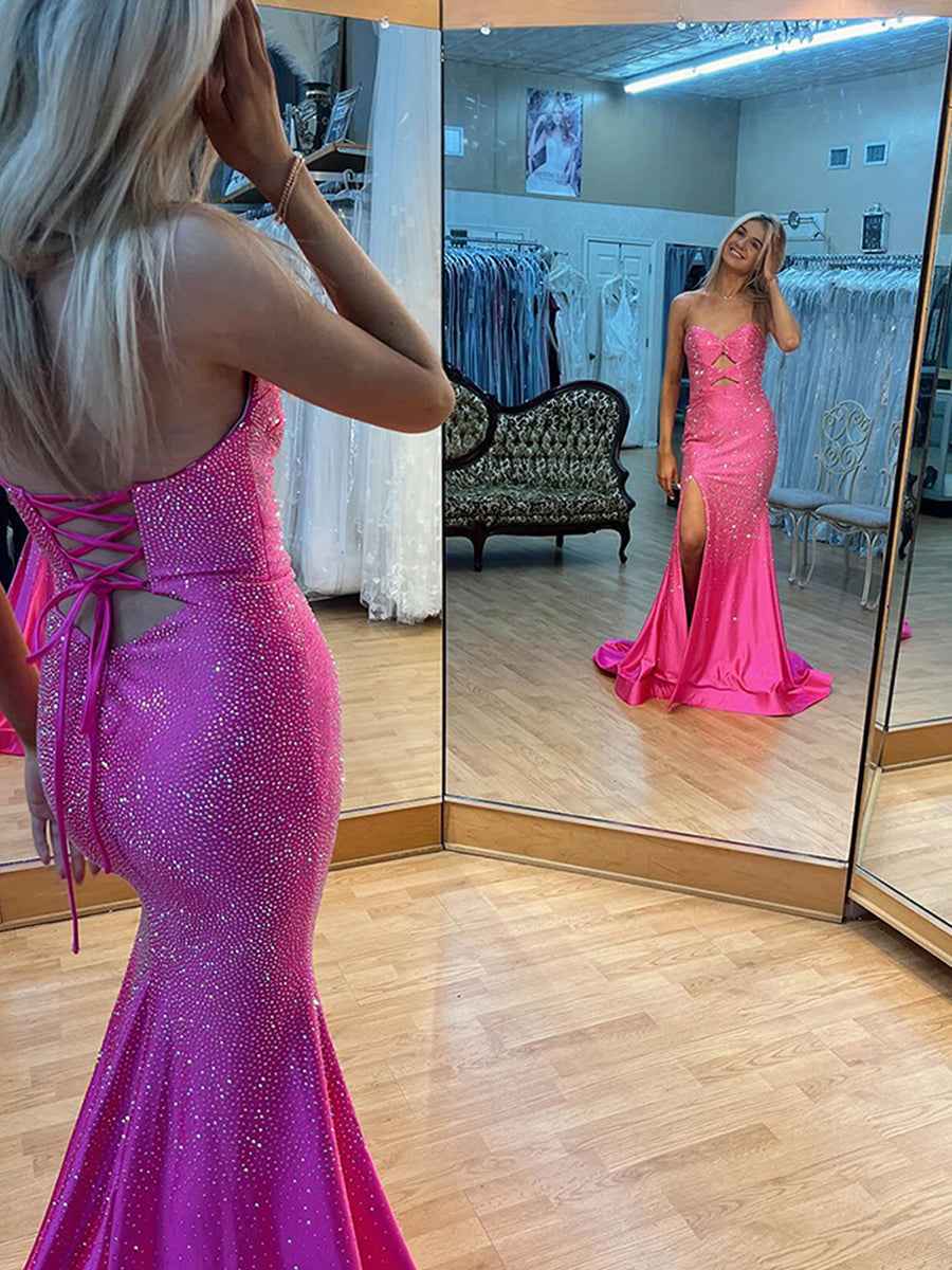 Hot Pink Mermaid Strapless Long Prom Dress with Beads