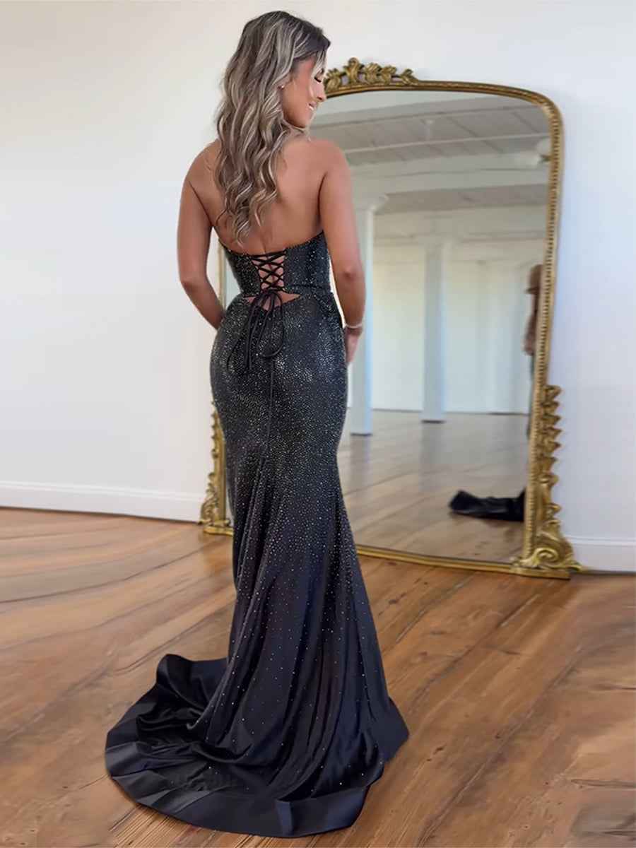 Hot Pink Mermaid Strapless Long Prom Dress with Beads