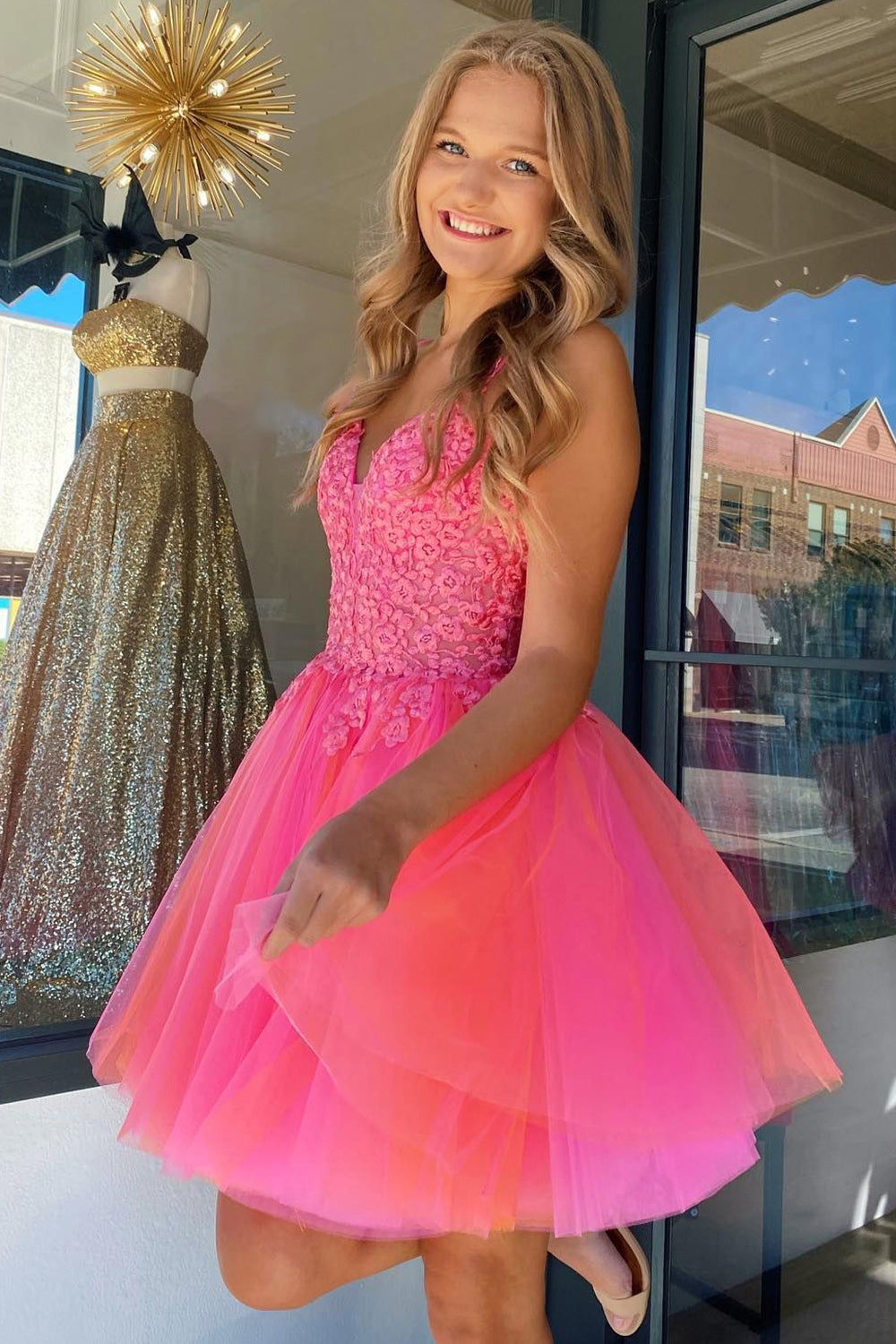 Hot Pink Spaghetti Straps A-Line Tulle Short Homecoming Dress
