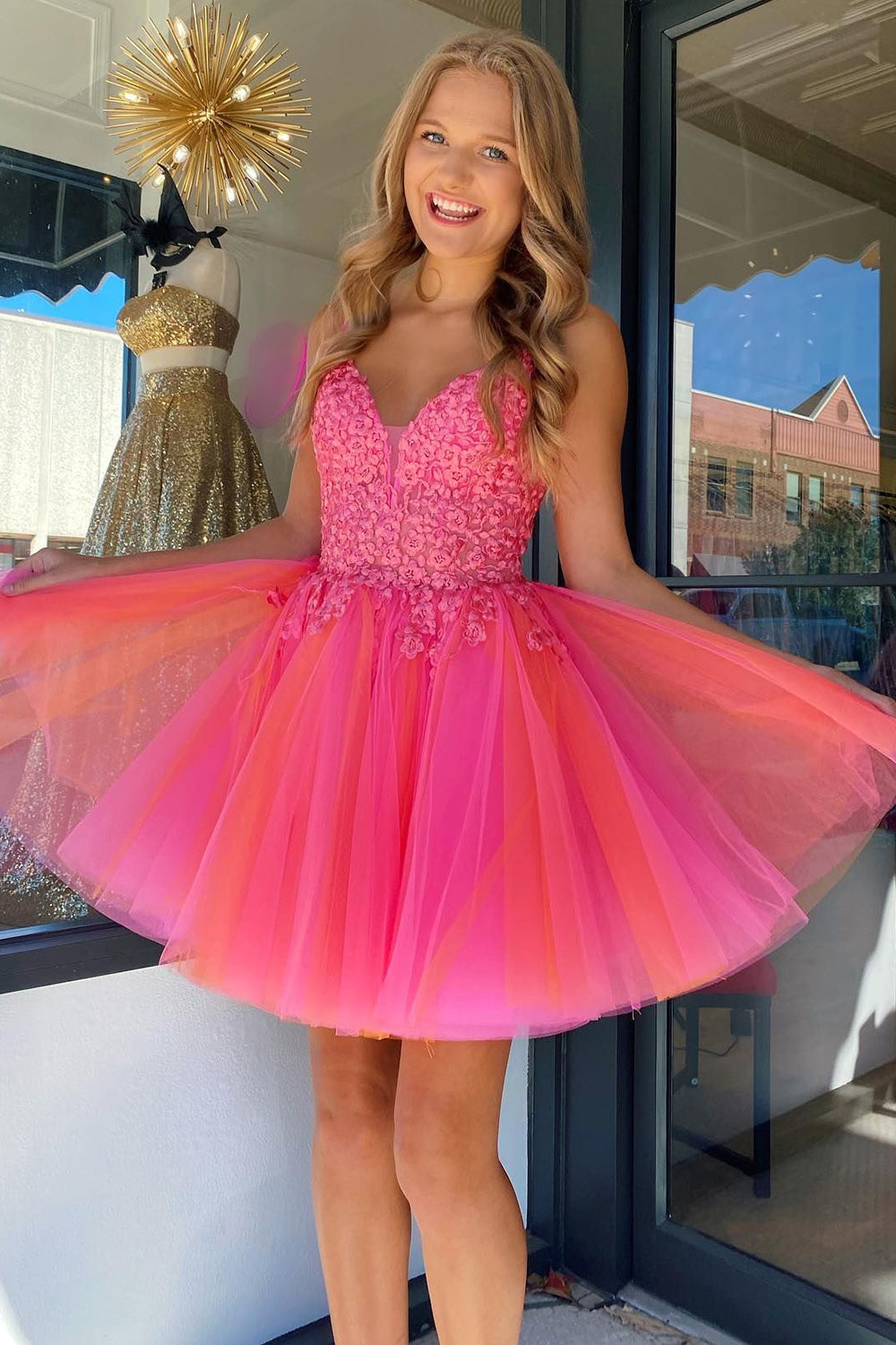 Hot Pink Spaghetti Straps A-Line Tulle Short Homecoming Dress