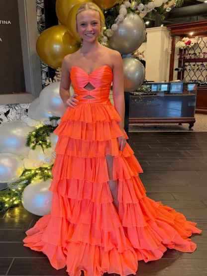 Hot Pink Strapless Cutout Tiered Ruffle Long Prom Dress with Slit
