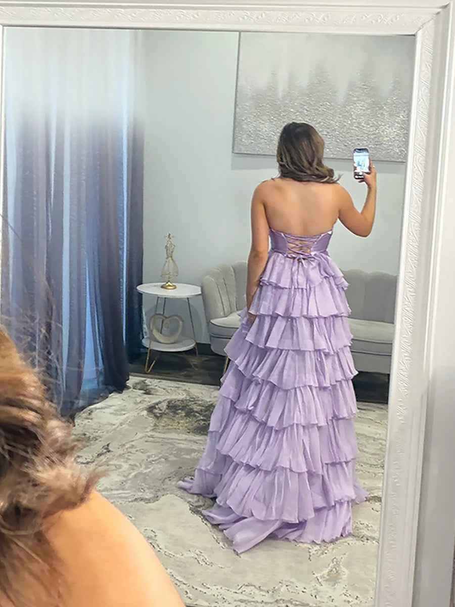 Hot Pink Strapless Cutout Tiered Ruffle Long Prom Dress with Slit