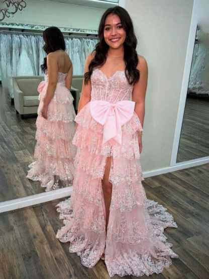 Hot Pink Tiered Sequin Ruffle Statement Bow Prom Dress with Slit