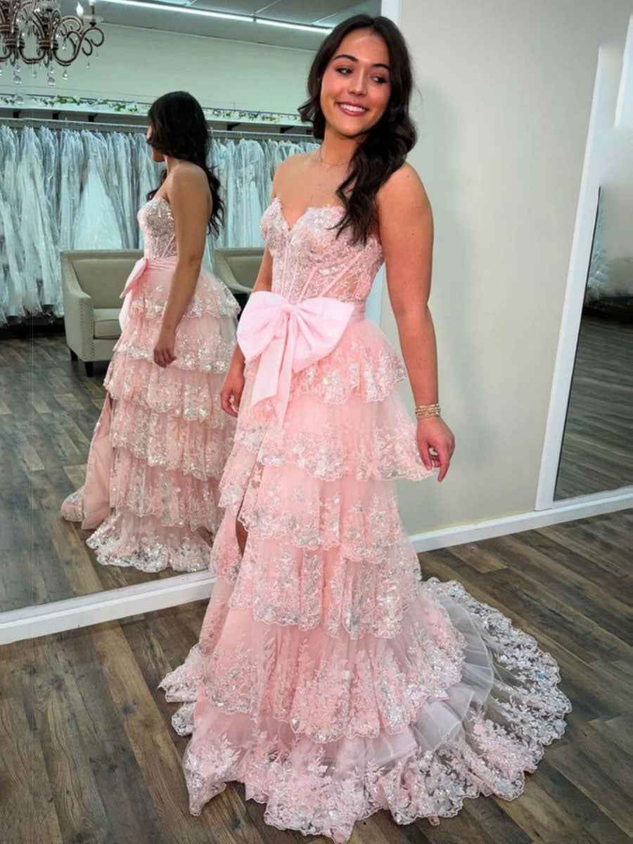 Hot Pink Tiered Sequin Ruffle Statement Bow Prom Dress with Slit
