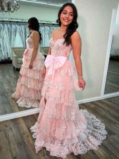 Hot Pink Tiered Sequin Ruffle Statement Bow Prom Dress with Slit