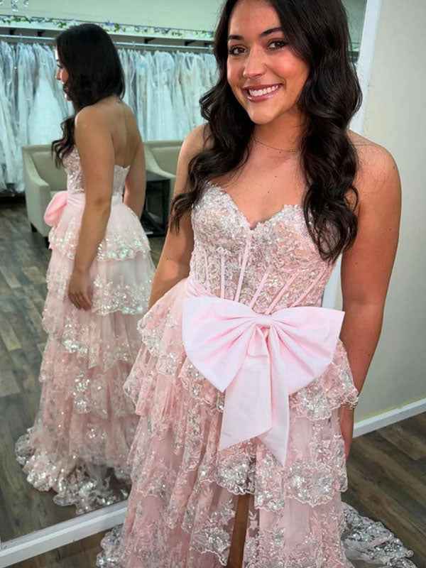 Hot Pink Tiered Sequin Ruffle Statement Bow Prom Dress with Slit