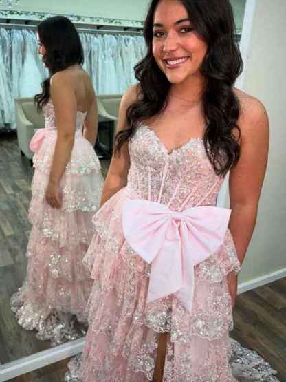 Hot Pink Tiered Sequin Ruffle Statement Bow Prom Dress with Slit
