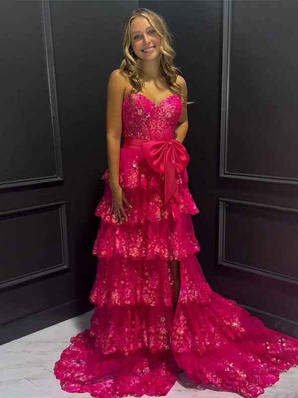 Hot Pink Tiered Sequin Ruffle Statement Bow Prom Dress with Slit