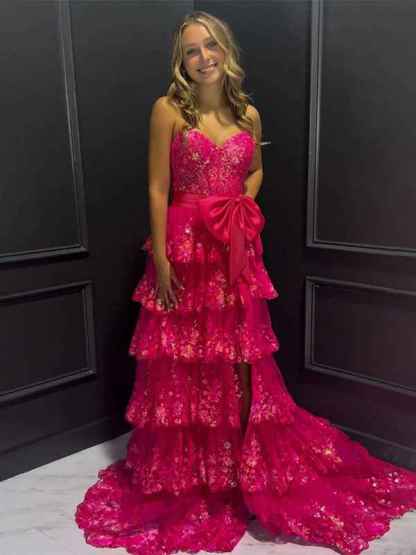 Hot Pink Tiered Sequin Ruffle Statement Bow Prom Dress with Slit