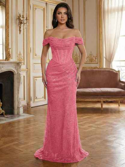 Red Off-The-Shoulder Sequined Corset Mermaid Long Prom Dress