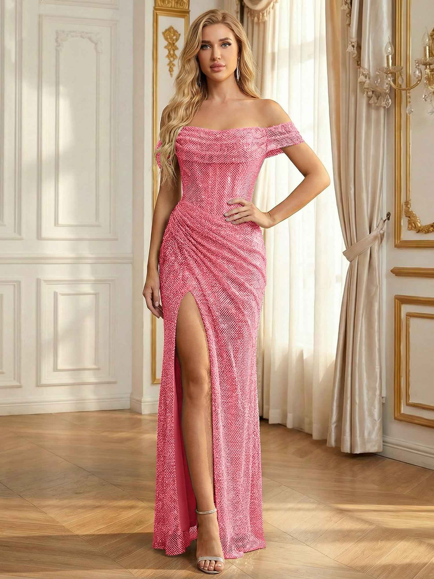 Sparkly Off-the-Shoulder Mesh Ruched Bodice Long Prom Dress with High Slit
