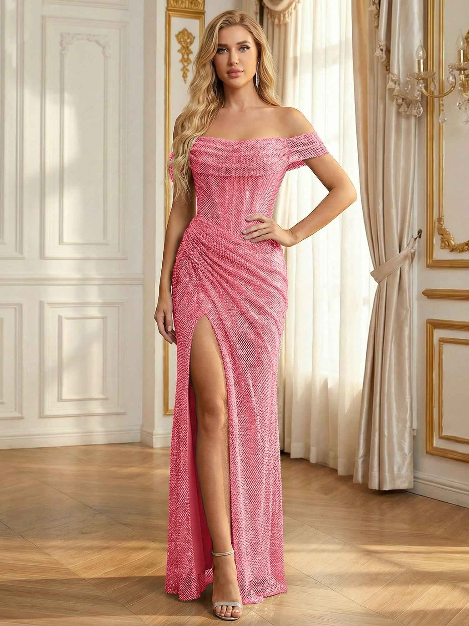 Sparkly Off-the-Shoulder Mesh Ruched Bodice Long Prom Dress with High Slit