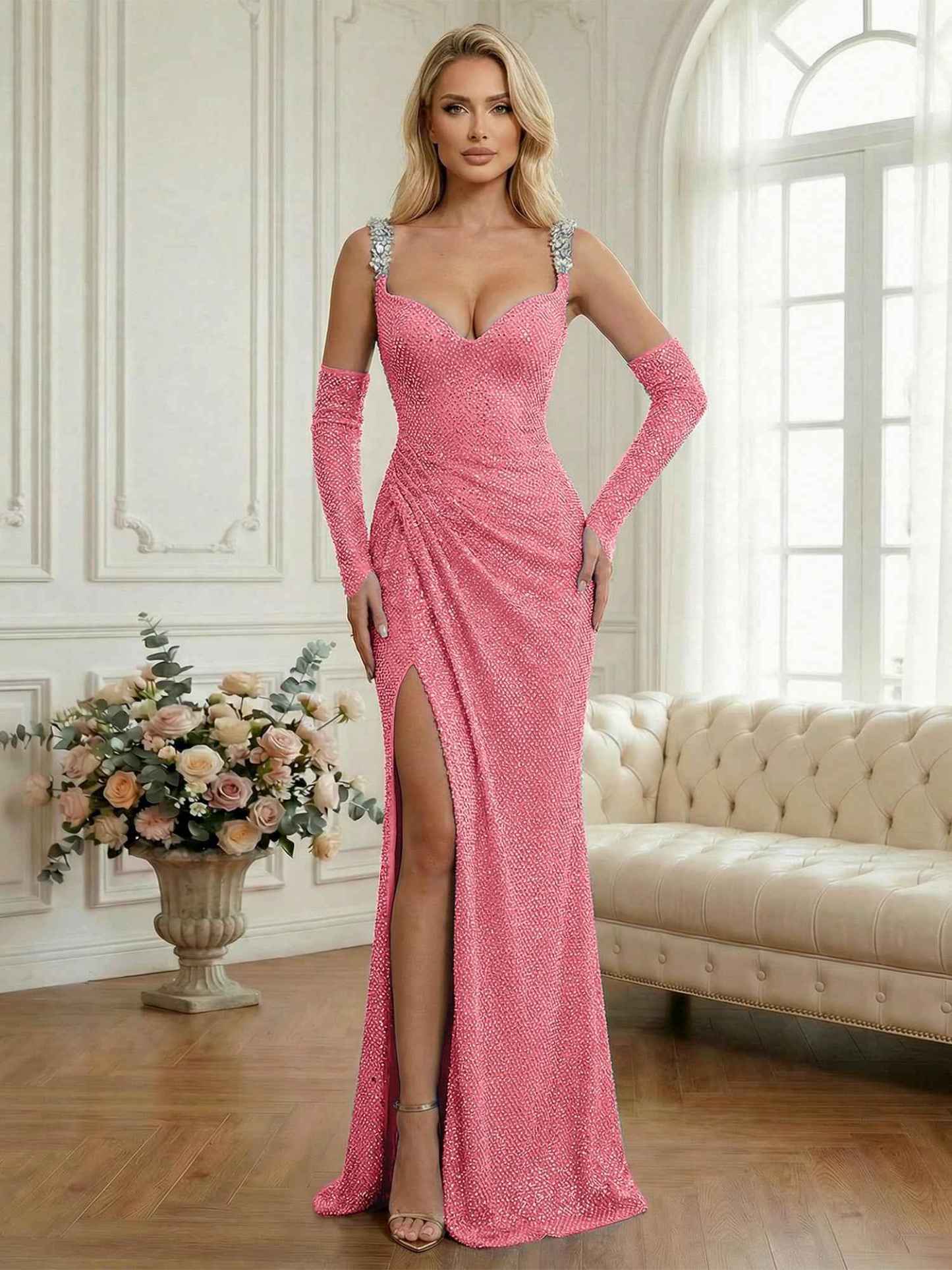 Light Blue Sequin Mermaid Matching Opera Gloves Long Prom Dress with Slit