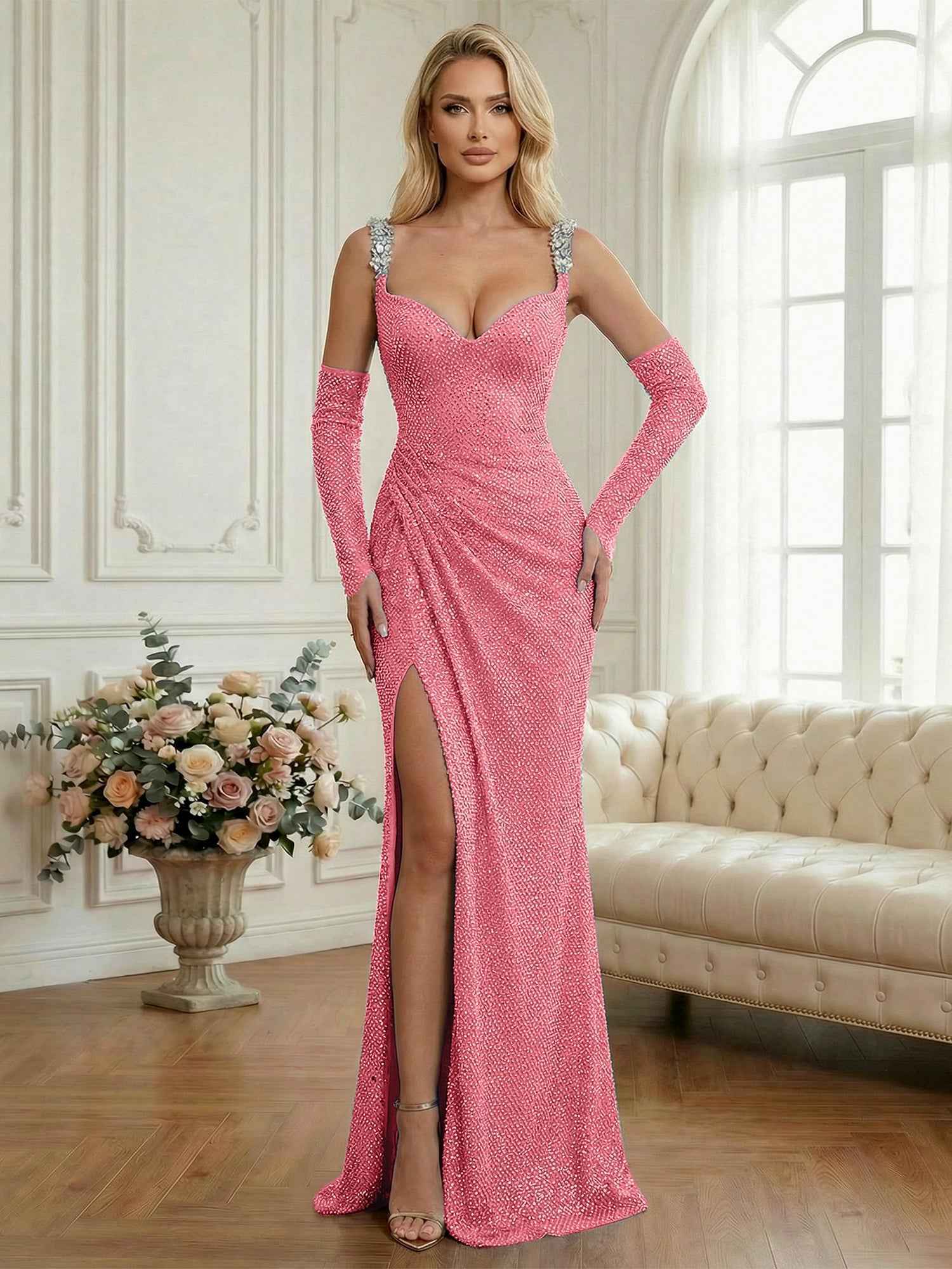 Light Blue Sequin Mermaid Matching Opera Gloves Long Prom Dress with Slit