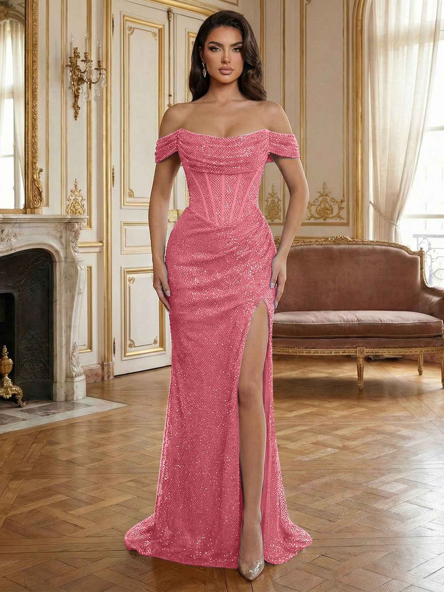 Sequin Off-the-Shoulder Corset Bodice Long Prom Dress with Slit