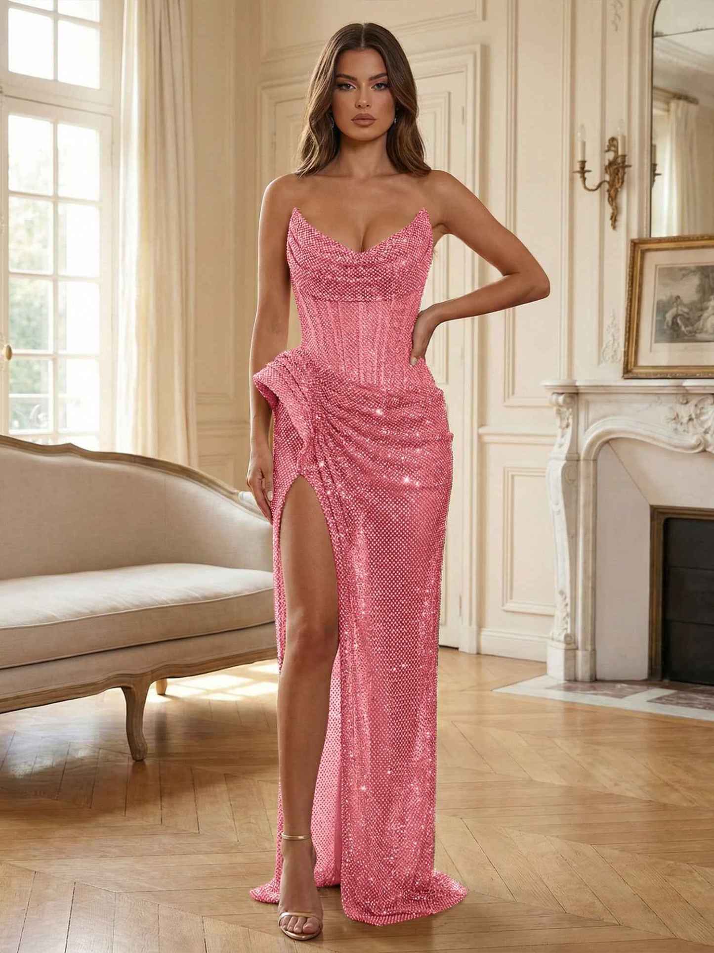 Champagne Gold Crystal-Embellished Corset Long Prom Dress with Slit