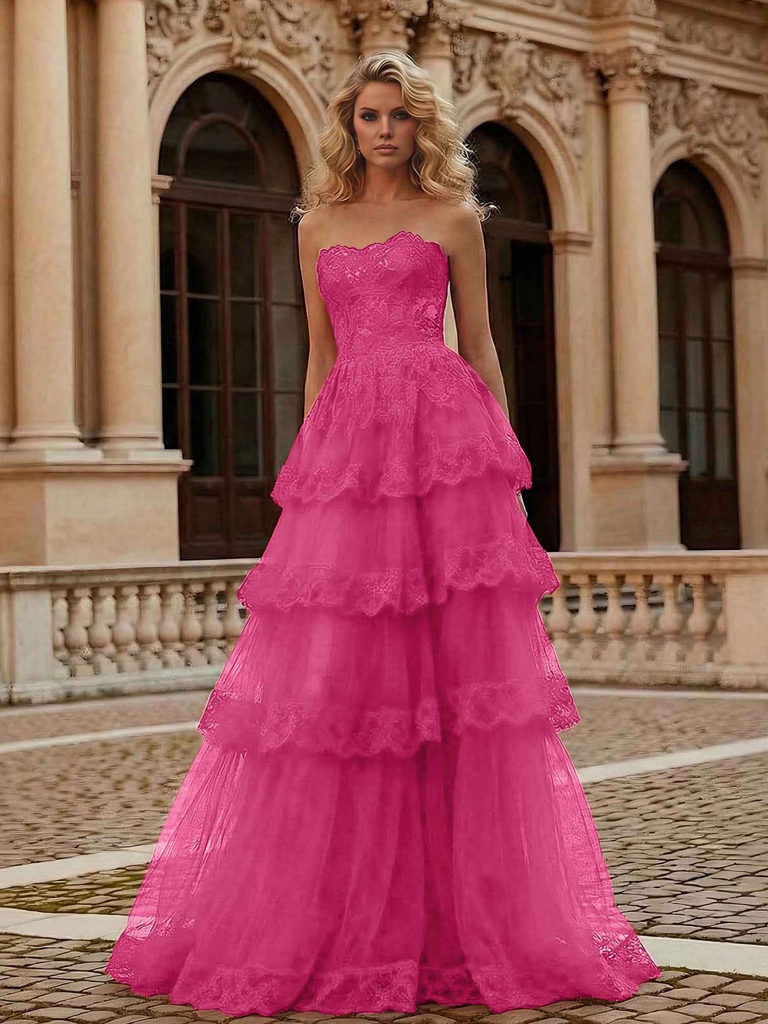 Red Tiered Tulle Strapless Lace Bodice A-Line Long Prom Dress