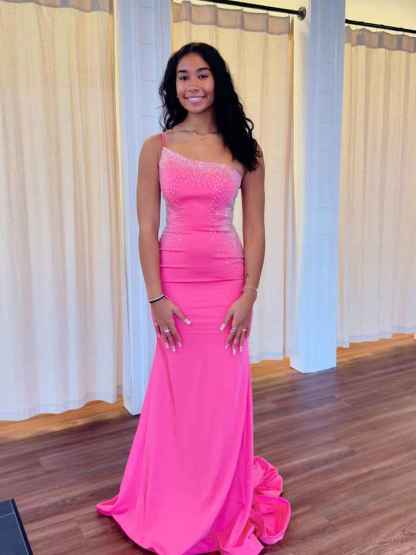 Hot Pink Crystal Embellished Fitted Long Prom Dress