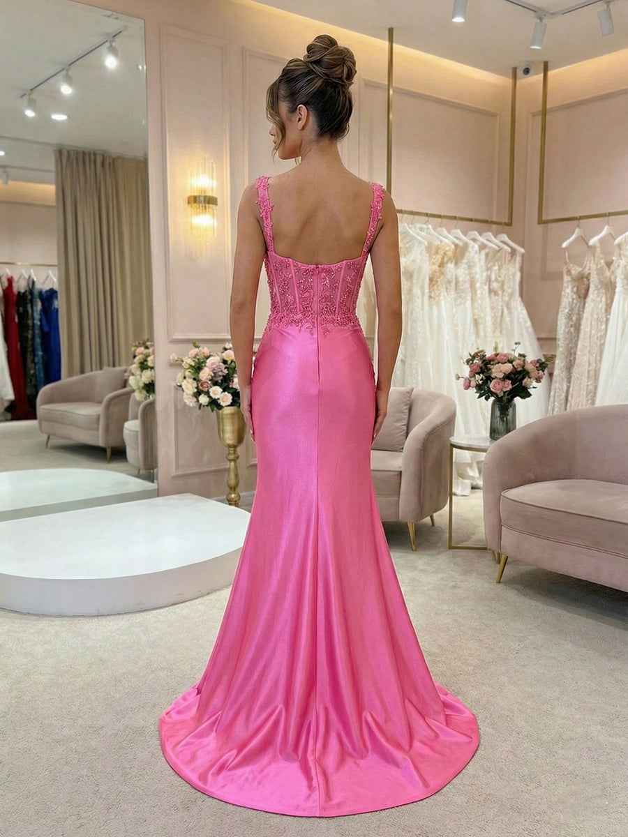 Hot Pink Floral Lace Satin Corset Mermaid Long Prom Dress