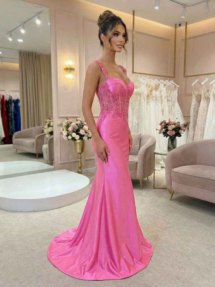 Hot Pink Floral Lace Satin Corset Mermaid Long Prom Dress