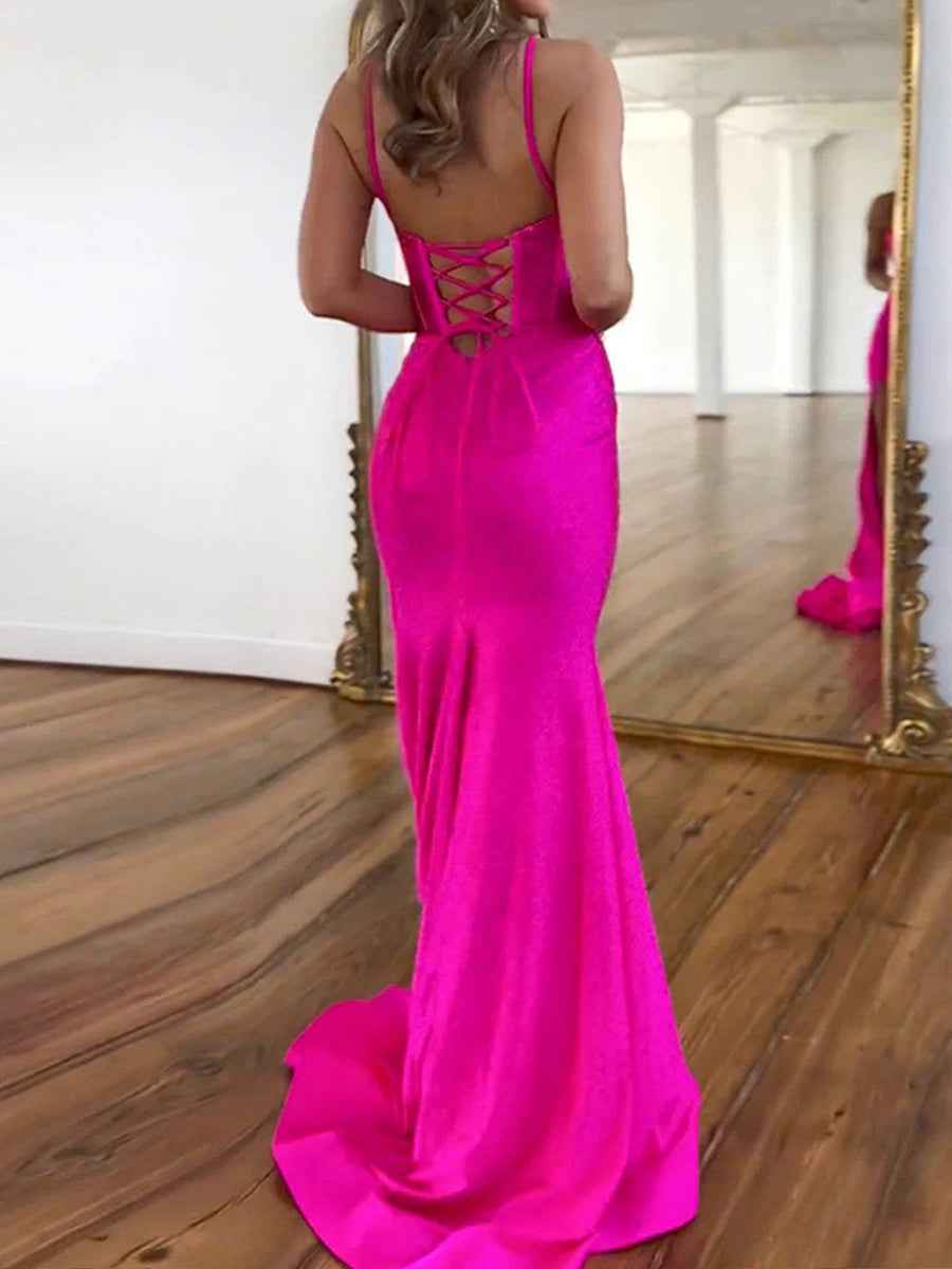 Hot Pink Lace-Up Back Corset Shimmer Prom Dress with Slit