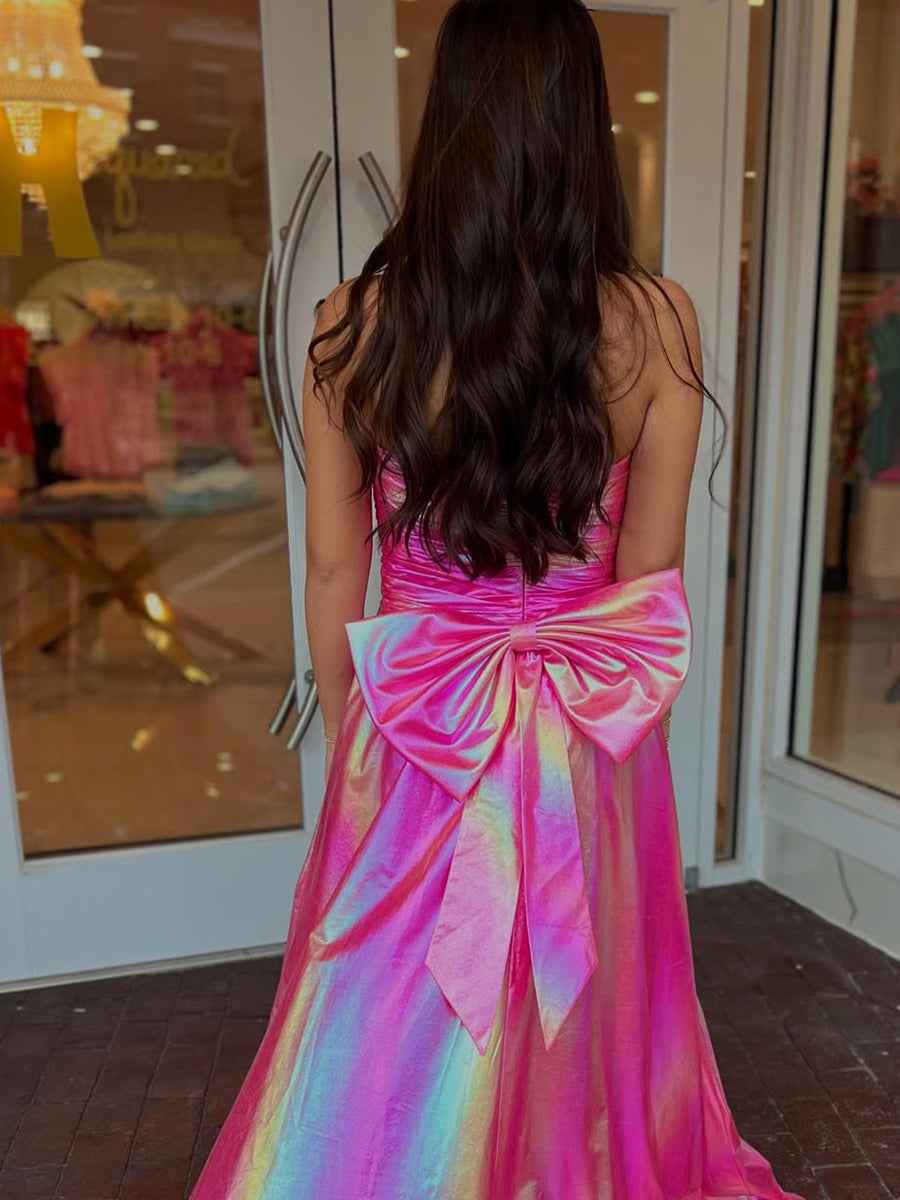 Hot Pink Metallic Strapless A-Line Prom Dress with Slit