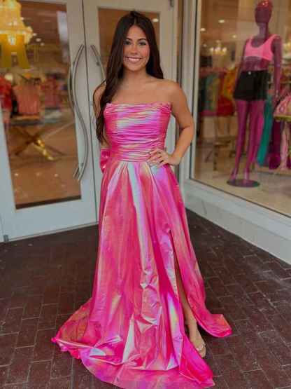 Hot Pink Metallic Strapless A-Line Prom Dress with Slit