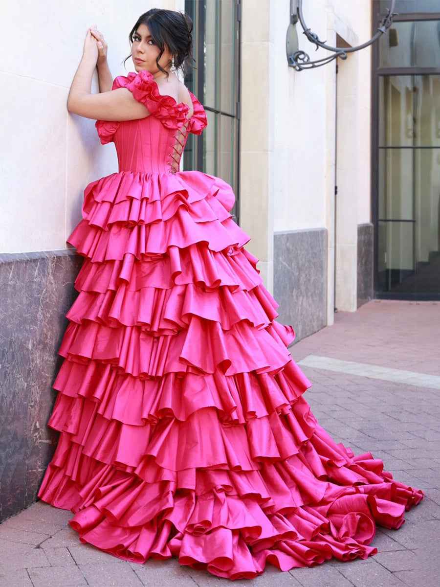 Hot Pink Ruffled Tiered Corset Long Prom Dress with Slit