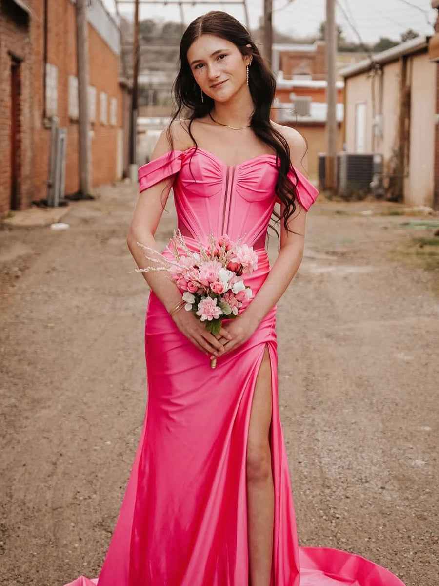 Hot Pink Satin Off-the-Shoulder Corset Prom Dress with High Slit