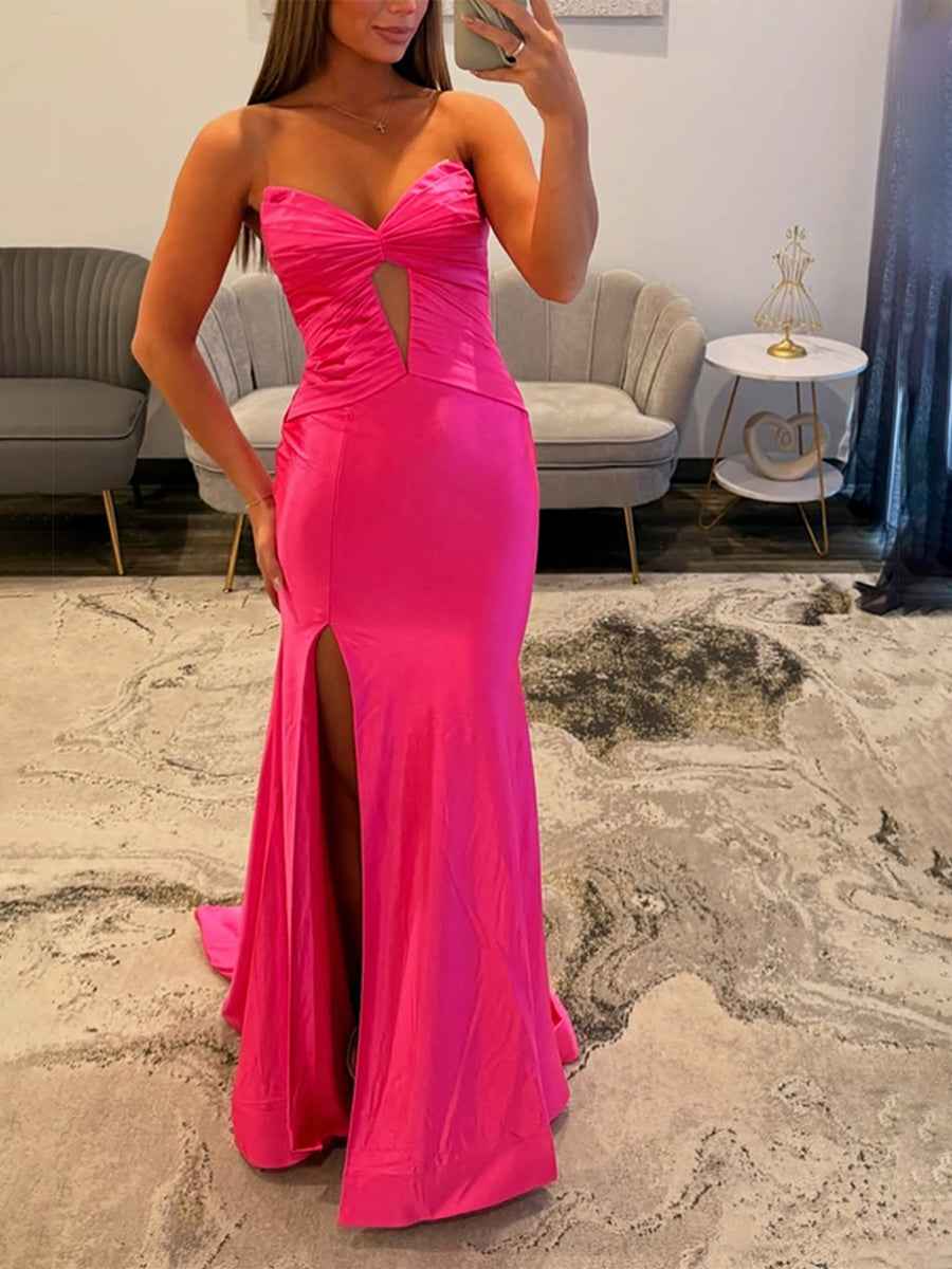 Hot Pink Satin Strapless Long Cutout Prom Dress with Slit