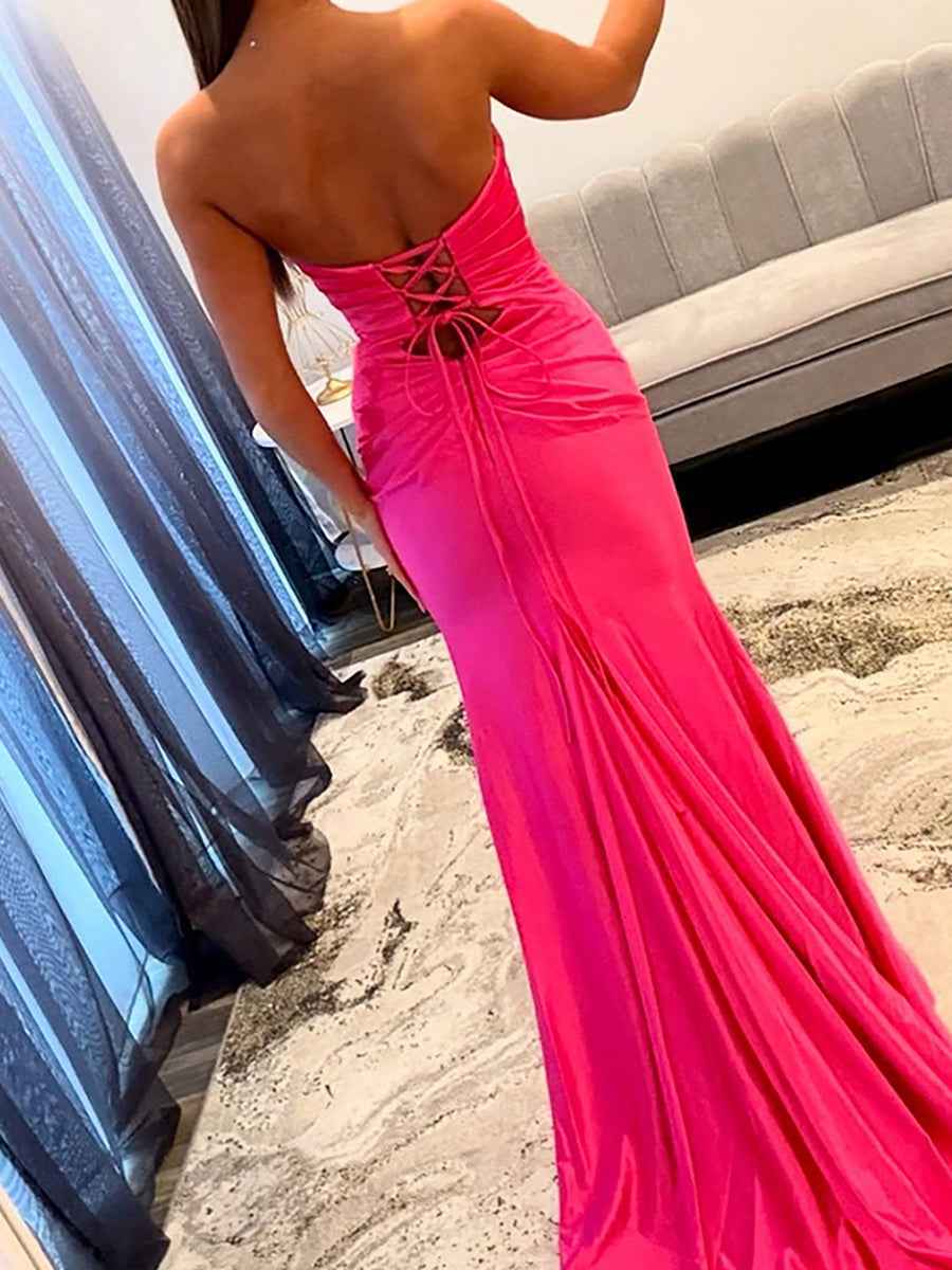 Hot Pink Satin Strapless Long Cutout Prom Dress with Slit