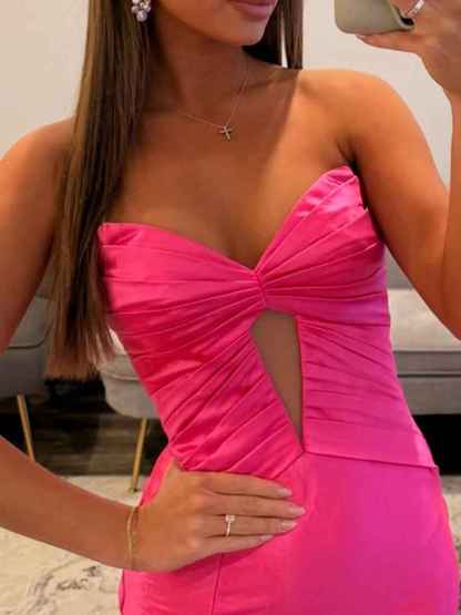 Hot Pink Satin Strapless Long Cutout Prom Dress with Slit