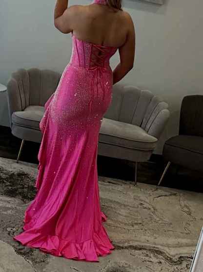 Hot Pink Sparkle Halter Corset Prom Dress with Ruffle Slit