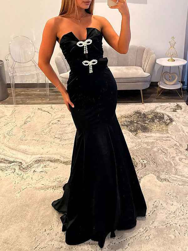 Hot Pink Strapless Bow Embellished Mermaid Prom Dress