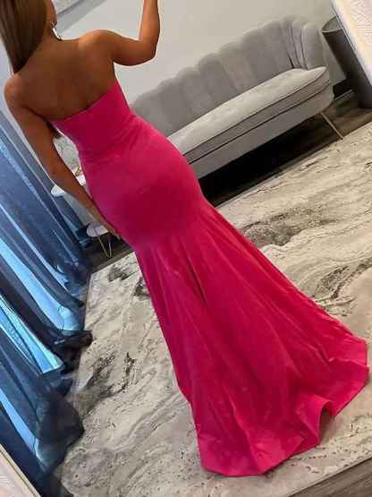 Hot Pink Strapless Bow Embellished Mermaid Prom Dress